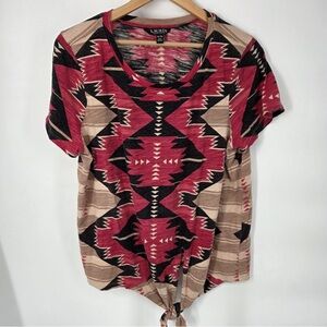 Ralph Lauren Red Tan and Black Aztec Tie-Front Short Sleeve Top XL
